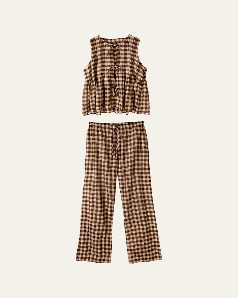 Gingham-Print Pleated Cami Lounge Set